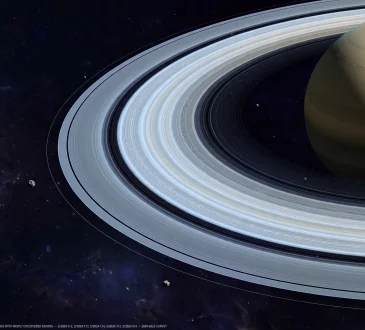 Deep space telescope image of Saturn and faint points of light in distant orbits