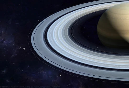 Deep space telescope image of Saturn and faint points of light in distant orbits