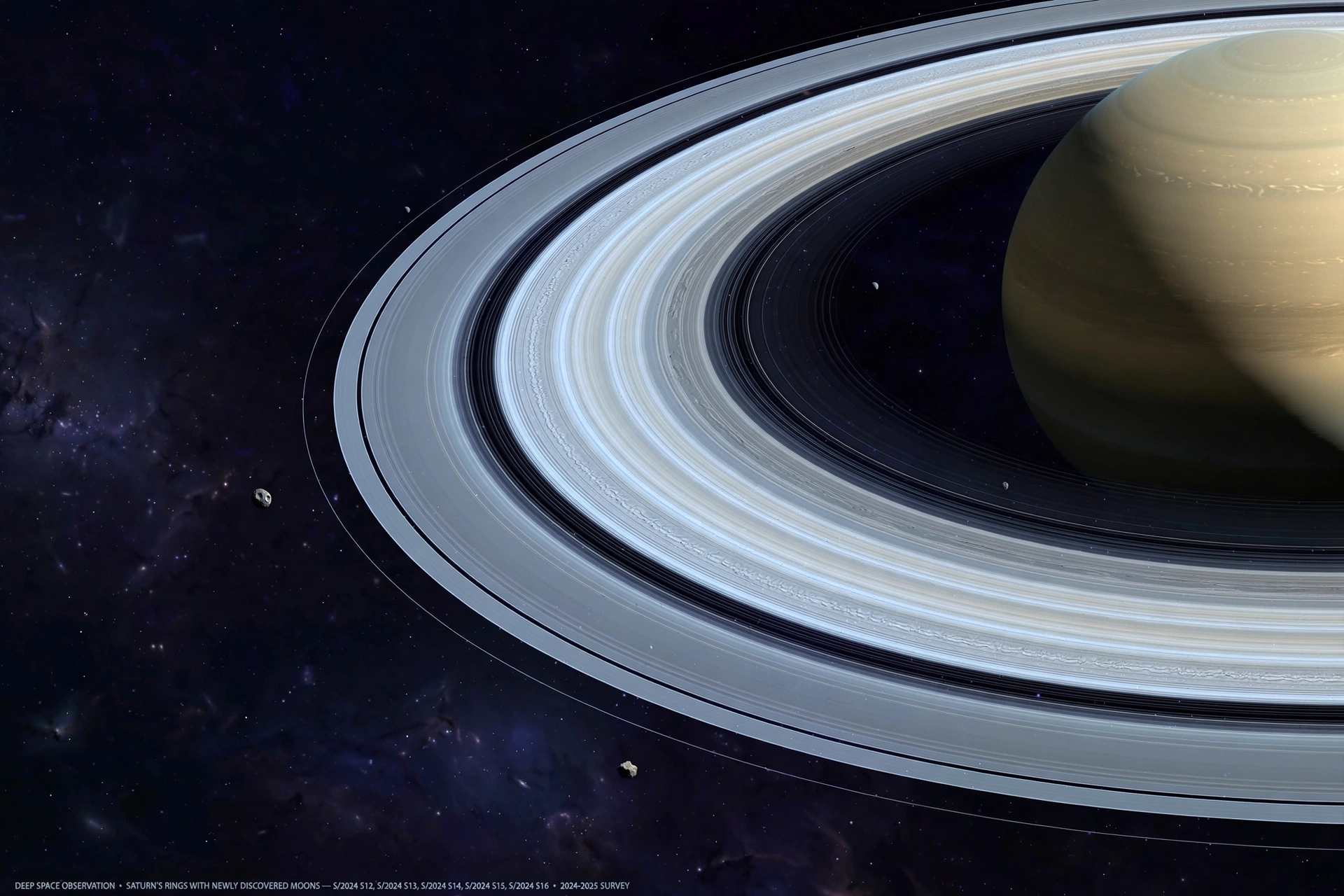 Deep space telescope image of Saturn and faint points of light in distant orbits