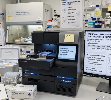 Scientist analysing tumour DNA sequences on screens in a research laboratory