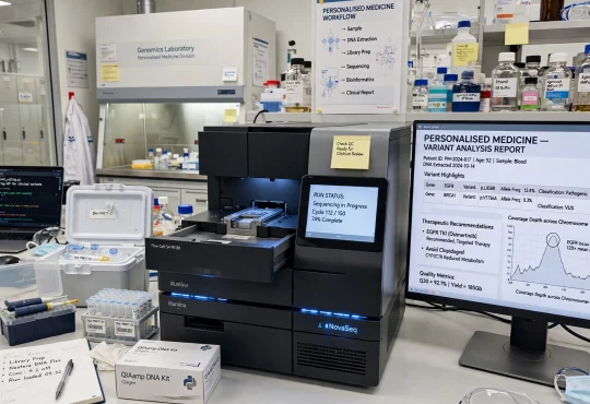 Scientist analysing tumour DNA sequences on screens in a research laboratory