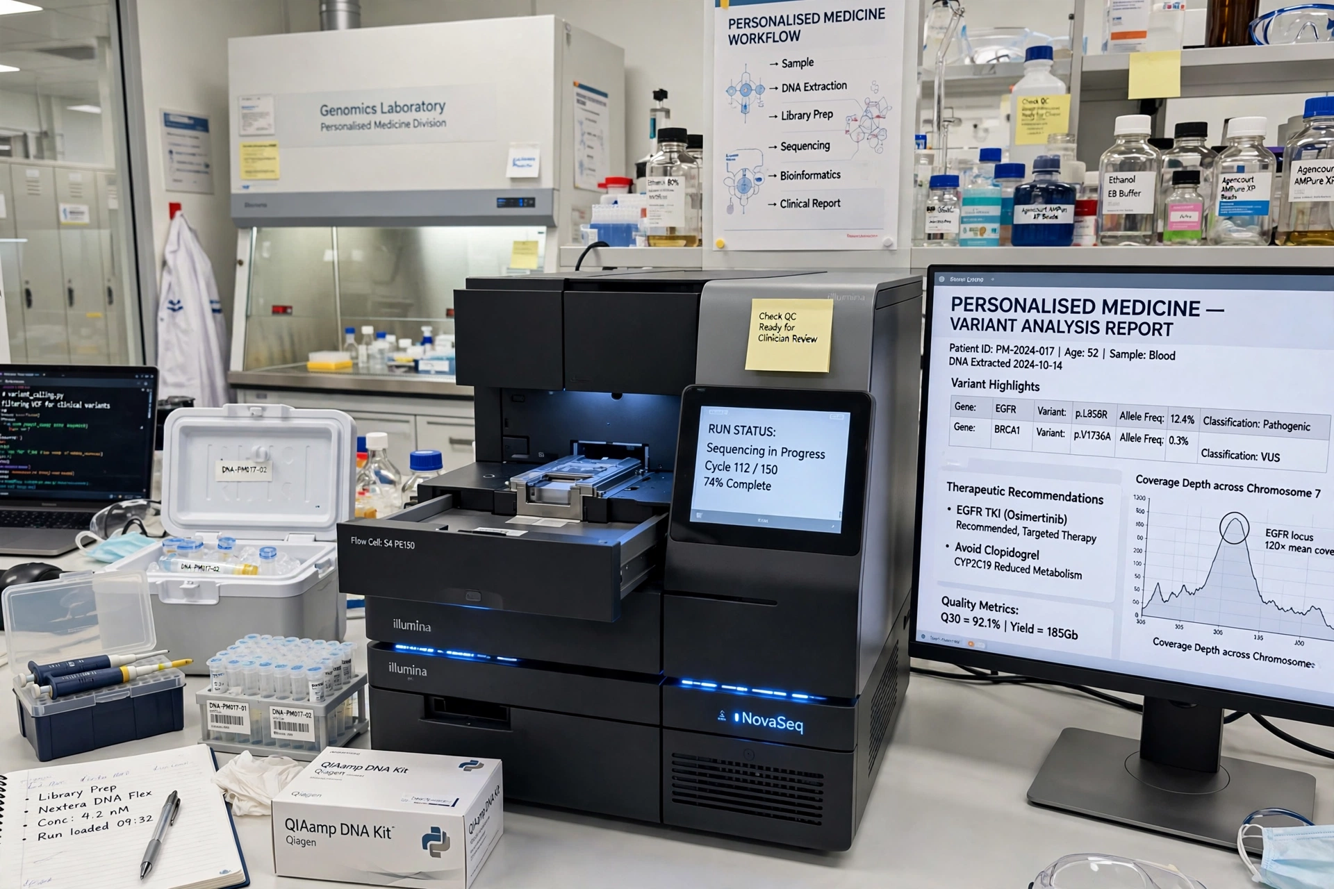 Scientist analysing tumour DNA sequences on screens in a research laboratory