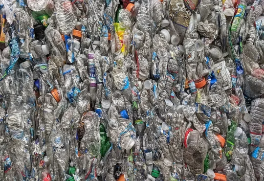 Compressed bales of used PET plastic bottles at a recycling facility