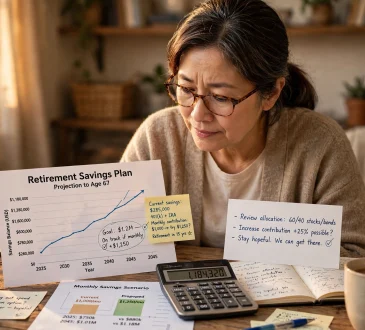 A person at age 50 reviewing retirement savings charts and planning catch-up contributions at a desk.