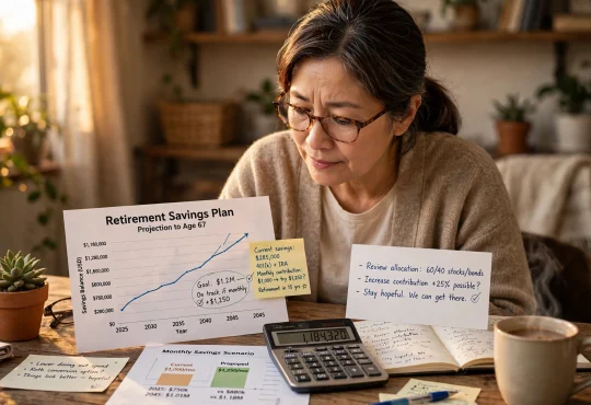 A person at age 50 reviewing retirement savings charts and planning catch-up contributions at a desk.