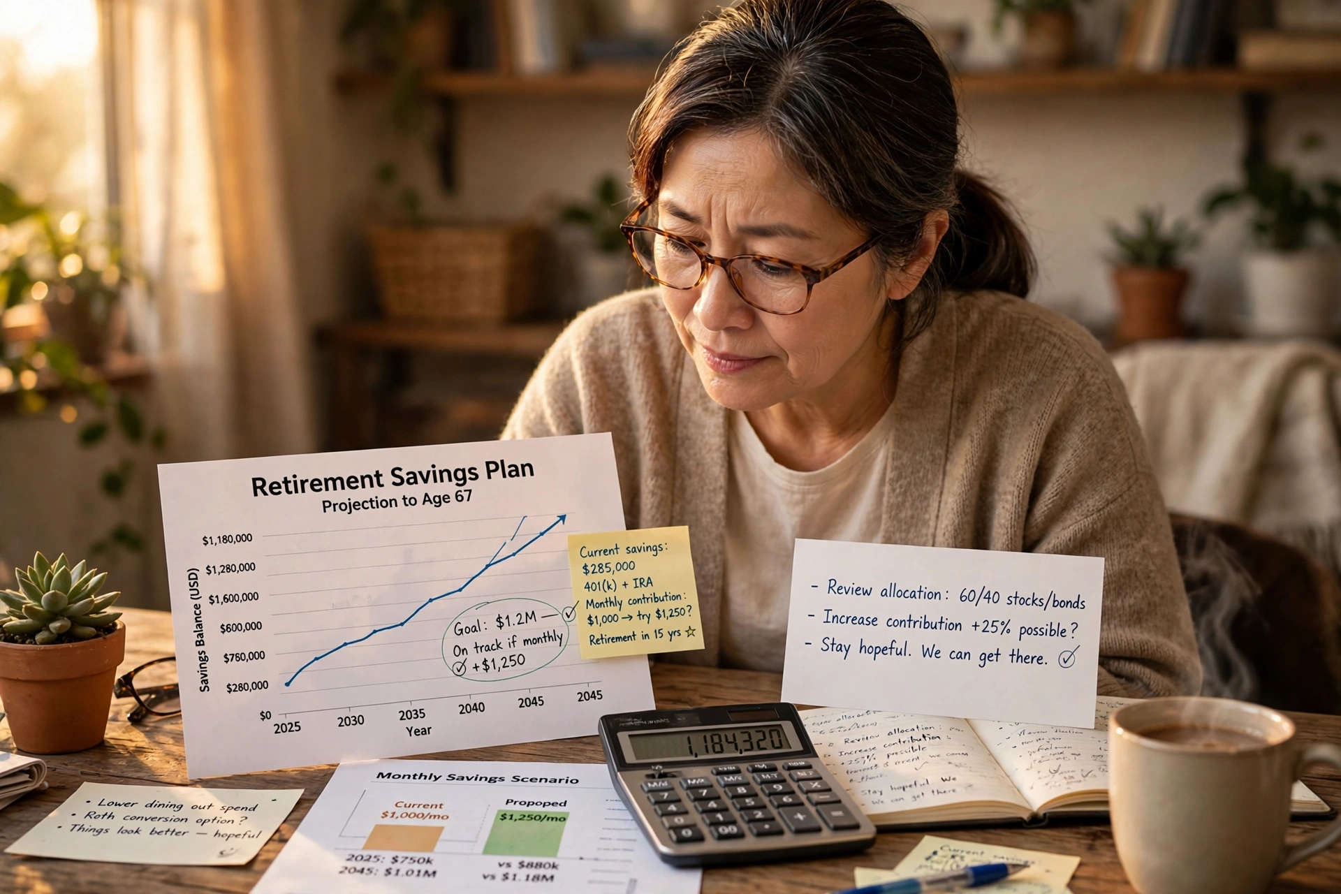A person at age 50 reviewing retirement savings charts and planning catch-up contributions at a desk.
